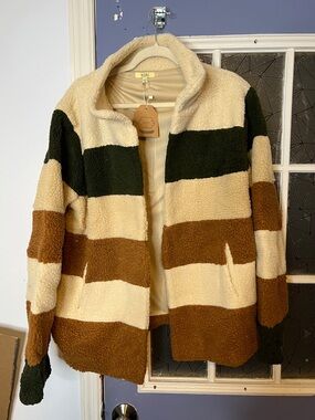 Kori Striped Sherpa Jacket in Cream, Brown & Dark Green size large NWT